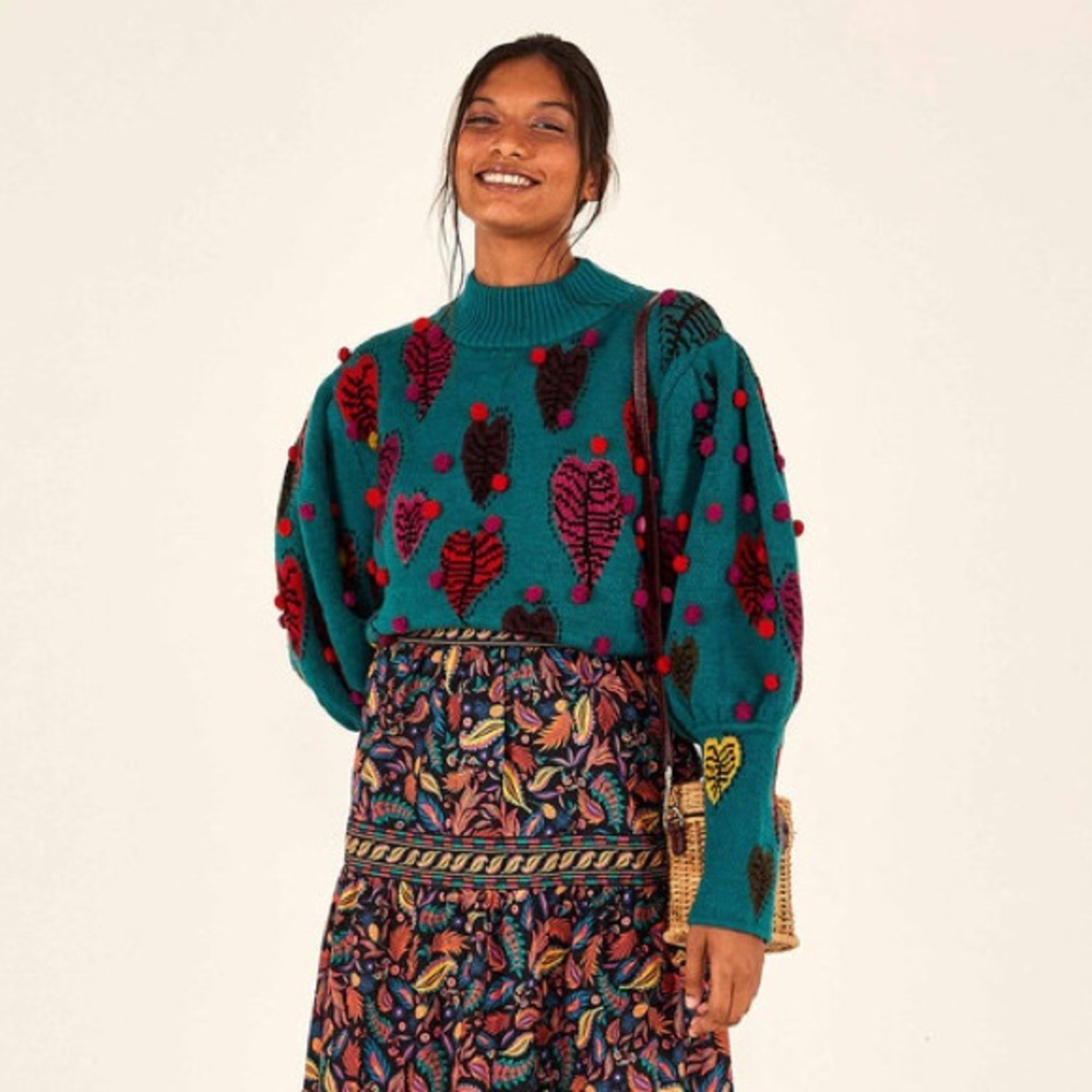 Farm Rio Green Monstera Hearts Pom Pom Sweater size Small